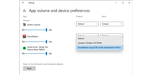 App volume and device options