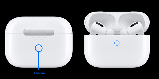  With the lid of the charging case closed, hold the button at the back of the case down, until the status light begins to blink.