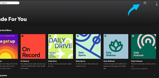 Launch Spotify on your computer and choose the down arrow next to your name in the upper right corner of the interface.