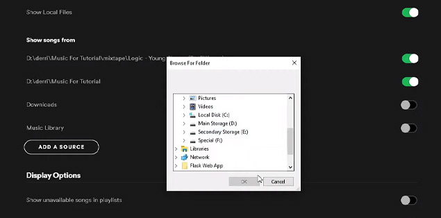 Locate and choose the folder containing the audio files you wish to play. Your local files will load via Spotify.