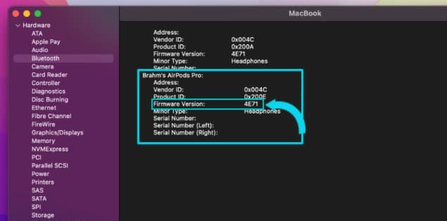 Example of AirPods' firmware version on Mac: